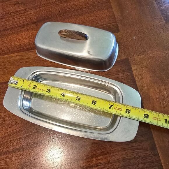Vintage Stainless Silver Butter Dish with Wooden Handle - Picture 7 of 9